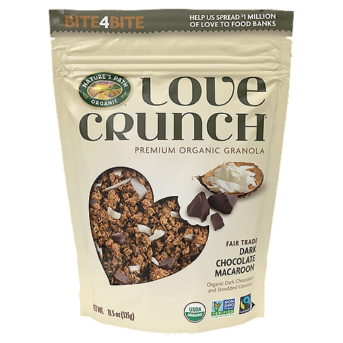 Nature's Path Love Crunch Dark Chocolate Macaroon Granola, 11.5 oz
Organic Dark Chocolate and Shredded Coconut

13g Whole Grains*
*Per 30g Serving

Love Crunch Dark Chocolate Macaroon granola blend is the answer to your sweet cravings. It is a healthy delight! You can enjoy this granola as an indulgent chocolate snack that has a rich and delightful crunch. We added coconut flakes to add a tropic vibe to this blend. Show your body some love with the 13g of whole grains per serving and organic ingredients. This granola is a dream come true. We believe in spreading the love with our Bite4Bite program. For every product purchased, we donate the equivalent in cash and food to food banks. Our Love Crunch products are made with passion and purpose to help the world eat, act and live out of love! We've thoughtfully created each product to stand for what you cherish and love.