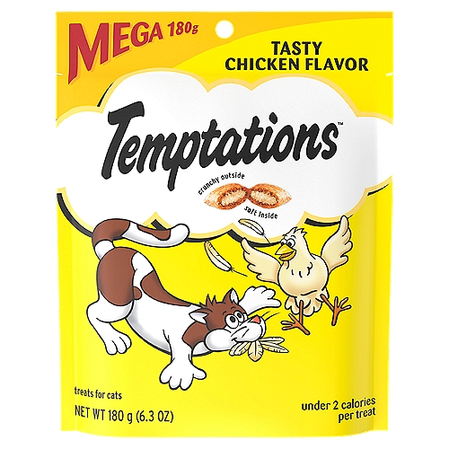 TEMPTATIONS Classic Crunchy and Soft Cat Treats Tasty Chicken Flavor, 6.3 oz. Pouch
Cats can't resist the delectable taste of TEMPTATIONS, so give your cat these purrfect TEMPTATIONS Classic Cat Treats… they'll come running the moment you open the tub. Each of these low calorie chicken flavor cat snacks has less than 2 calories and provides an irresistible combination of both crunchy and soft textures. These healthy cat treats also come in a cat-proof, stay-fresh tub, so your feline friend can enjoy their favorite snack when you open it, but never when they shouldn't! These TEMPTATIONS Classic Cat Treats are a perfect addition to your cat's normal feeding routine: Use them as a treat, a meal, or a cat food topper. They also are the perfect size treats for cat toys...  try mixing up playtime by placing a few inside a treat dispensing toy and watch your cat chase and swat away.

* Based on 2020 Nielsen sales data