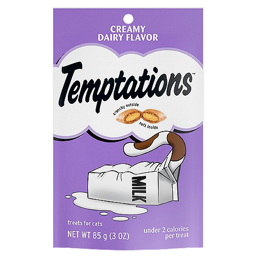 TEMPTATIONS Classic Crunchy and Soft Cat Treats Creamy Dairy Flavor, 3 oz. Pouch
Sweet nectar of life. So smooth. So creamy. So...milky. A love that can never be matched. It takes me back to my kittenhood. The most coveted treat in the fridge tastes so sinfully delightful. If I only had a straw...or longer tongue...or you could just pass me the Temptations™ Cat Treats.

Temptations™ Creamy Dairy Flavor Cat Treats are formulated to meet the nutritional levels established by the AAFCO Cat Food Nutrient Profiles for adult maintenance.

Cats can't resist the delectable taste of TEMPTATIONS, so give your cat these purrfect TEMPTATIONS Classic Cat Treats… they'll come running the moment you open the tub. Each of these low calorie creamy dairy flavor cat snacks has less than 2 calories and provides an irresistible combination of both crunchy and soft textures. These healthy cat treats also come in a cat-proof, stay-fresh pouch, so your feline friend can enjoy their favorite snack when you open it, but never when they shouldn't! These TEMPTATIONS Classic Cat Treats are a perfect addition to your cat's normal feeding routine: Use them as a treat, a meal, or a cat food topper. They also are the perfect size treats for cat toys... try mixing up playtime by placing a few inside a treat dispensing toy and watch your cat chase and swat away.

* Based on 2020 Nielsen sales data