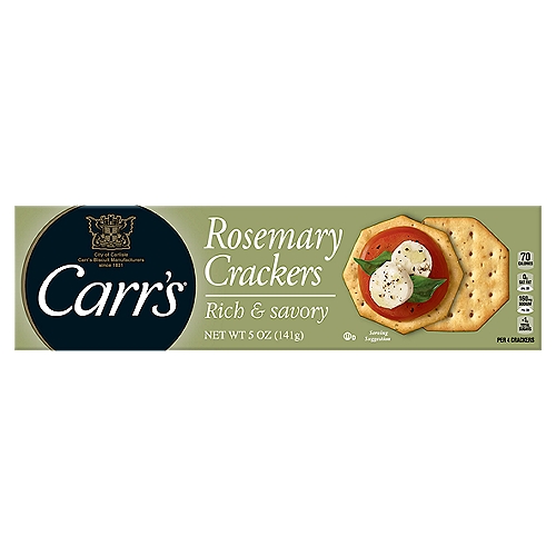 Delicious crackers with the inviting flavor of rosemary and a delicate crunch for a satisfying bite every time; Excellent to serve at formal or casual gatherings of any size
Crisp, flaky crackers with a delicious taste that will satisfy the host and guests alike; A great canvas for your favorite toppings including cheese, deli meats, nuts, fruits, vegetables, and more
Made with quality ingredients for excellent taste and texture; Contains wheat ingredients; May contain milk and soy ingredients
Delicious and delightfully crisp, Carr's Rich and Savory Rosemary Crackers are made with quality ingredients and baked to perfection for a flavorful, flaky bite that's irresistible on its own or when paired with your favorite toppings or dips. With a delicate texture and enticing flavor, these Rosemary Crackers make a wonderful canvas for your favorite toppings and dips including cheeses, fruit preserves, deli meats, and more. Carr's Crackers are the perfect addition to party platters for any occasion, from elegant holiday celebrations to casual get-togethers. Stock your pantry with Carr's Crackers so you are always prepared for impromptu soirées with family and friends. The crackers are conveniently contained so you can take them along on picnics, to an outdoor concert, or any other everyday out-of-home occasion. With an authentic taste that can be enjoyed simple or dressed up, at casual gatherings or sophisticated festivities, Carr's Crackers help make everyday moments better.