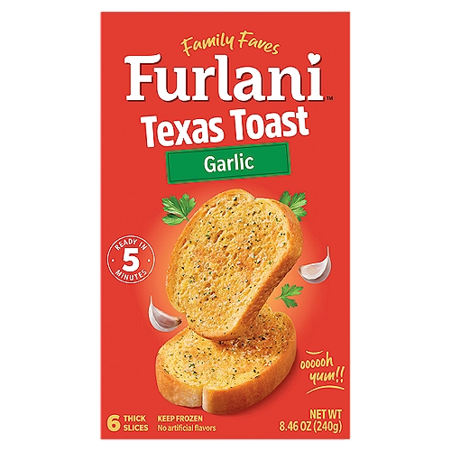 Furlani Garlic Texas Toast, 6 count, 8.46 oz
Don't you love it when the family's excitement grows at the mention of Furlani coming to the dinner table? The smell of freshly baked Garlic Texas Toast wafting through the kitchen, distracts everyone even before the meal is ready. Texas style, thick sliced toast, crisped to perfection for an amazing crunch, coated with delicious garlic spread. That's 40 years of perfection in the making. The perfect pairing with sandwich fillings and pastas!