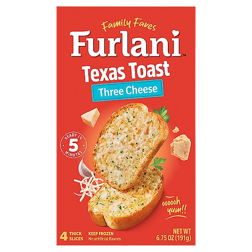 Furlani Three Cheese Texas Toast, 4 count, 6.75 oz
Texas style, thick sliced toast, crispy on the outside yet soft on the inside. Topped with just the right amount of garlic spread, our tasty blend of mozzarella, provolone, and Parmesan cheese, and garnished with parsley. As the delicious aroma of freshly baked garlicky goodness wafts through the kitchen, our Three Cheese Texas Toast adds excitement to any meal. Available in the frozen department