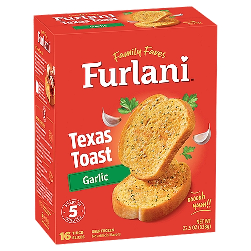Furlani Garlic Texas Toast, 16 count, 22.5 oz
Authentic Garlic Toast is only 5 minutes away! The magic begins with our bakers' very own crusty bread. We carefully top each slice with the perfect blend of real garlic and Italian spices