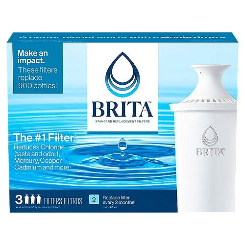 Brita Standard Replacement Filters, 3 count
Filter Lasts 2 Months* (40 Gallons)
*Approximate timing based on 40-gallon filter life and average family usage of 11 glasses per day.

Transform Your Water
Transform ordinary tap water into cleaner, great-tasting water and replace up to 1,800 bottles per year.*
*vs. tap. Based on the use of 6 Brita standard filters per year. One filter can replace up to 300 16.9 oz. water bottles.

Get to the Good Stuff — What We Filter Out
The Brita® Water Filtration System with standard filter reduces the following impurities that may be in your tap water:
Heavy Metals - Copper, mercury, cadmium
Taste and Odor - Chlorine

The Brita® standard filter keeps a healthy level of fluoride, a water additive that promotes strong teeth (applies to fluoridated municipal tap water).
The contaminants or other substances removed or reduced by this water treatment device are not necessarily in all users' water.

Replace Up to 1,800 Bottles* Each Year™
*Standard 16.9 Oz. Bottles