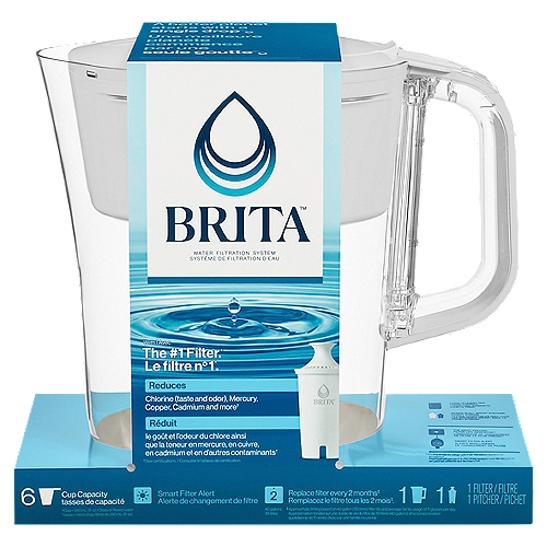 Drink cleaner*, great tasting tap water with this Brita® 6-cup Denali water pitcher, made without BPA, and the included Brita Standard filter. Brita Standard filters improve the taste and odor of chlorine to deliver great tasting water, and are certified to reduce copper, cadmium, and mercury impurities*. The Brita Denali water pitcher's flip lid makes refilling a breeze, while the SmartLight™ indicator lets you know when it's time to change the filter. Standard Filters should be changed every 40 gallons or about 2 months for best results**. One Brita Standard Filter is included, and this water pitcher is also compatible with Brita® Elite™ Replacement Filters. * vs. tap water. See certifications. Based on health contaminant reduction per WQA certifications. Substances reduced may not be in all users' water. Performance Data Sheet available**Approximate timing based on 40-gallon filter life and average family usage of 11 glasses per.