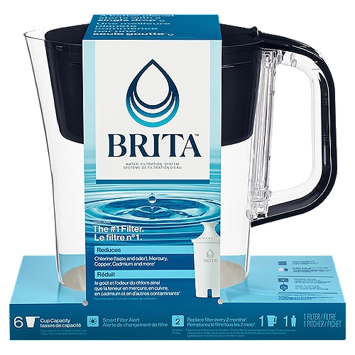 Drink cleaner*, great tasting tap water with this Brita™ 10 cup water pitcher, made without BPA, and the included Brita™ Standard filter. Only Brita filters are certified to reduce Chlorine (taste and odor), Copper, Mercury and Cadmium in Brita systems*. One Standard filter can replace up to 300 16.9 oz plastic bottles. The Brita™ water pitcher's flip top lid makes refilling a breeze, while the SmartLight indicator is Brita's most accurate and precise pitcher filter life indicator. This large water pitcher comes with one Standard Water Filter, which should be changed every 40 gallons or about 2 months** for best results. Start drinking healthier*, great tasting water with Brita™ today. *Cleaner vs. tap water. Healthier based on health contaminant reduction per WQA certifications. Substances reduced may not be in all users' water. See certifications. **Approximate timing based on average family usage and 40-gallon filter life. ^Versus standard 16.9 oz bottled water.