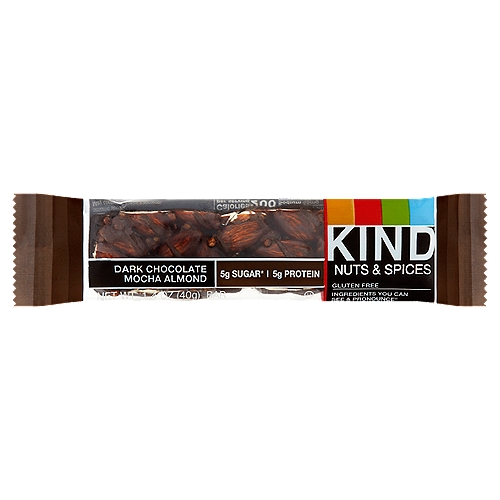 Kind Dark Chocolate Mocha Almond Nuts & Spices Bar, 1.4 oz
5g sugar*
*50% less sugar per bar than the average nutrition bar. This bar has 5g sugar; the average nutrition bar has 12g sugar.

Do the kind thing for your body, your taste buds & your world®
Our Nuts & Spices bars have to meet a strict standard: 5g of sugar or less. And full of delicious flavor, they seem too good to be true. But made with simple and whole ingredients, they're a snack that only tastes indulgent.