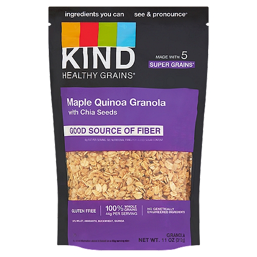 Kind Healthy Grains Maple Quinoa Granola with Chia Seeds, 11 oz
Ingredients you can see & pronounce®

Made with 5 Super Grains*
*Oats, Millet, Amaranth, Buckwheat, Quinoa

Our Kind Healthy Grains® Granola is made from a delicious blend of five super grains - oats, millet, buckwheat, amaranth, and quinoa - and wholesome ingredients like real nuts or whole fruit. This tasty granola blend is the perfect snack to sprinkle over yogurt, enjoy by the spoonful or grab by the handful!
On-the-go!
Over yogurt!
With milk!