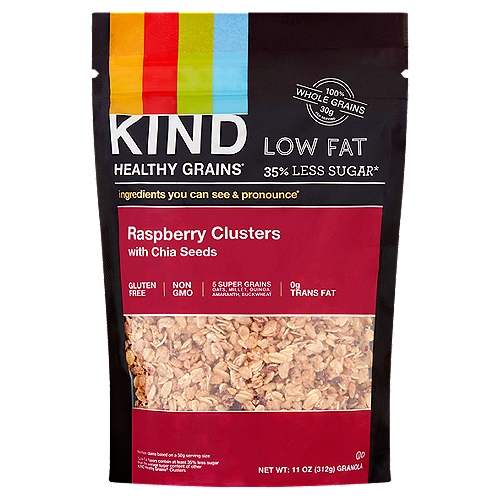 Kind Healthy Grains Raspberry Clusters with Chia Seeds Granola, 11 oz
Oats. Millet. Quinoa. Amaranth. Buckwheat. Simple, right?
Kind Healthy Grains® Clusters are delicious blends of wholesome ingredients including five super grains, making them the perfect snack for your active lifestyle.
✓ Low fat
✓ 35% less sugar*
✓ Low sodium
Nutrition claims based on a 50g serving size
*Low fat flavors contain at least 35% less sugar than the average sugar content of other Kind Healthy Grains® Clusters

Sugar content has been lowered from a 9.3g average to 5g per 50g serving