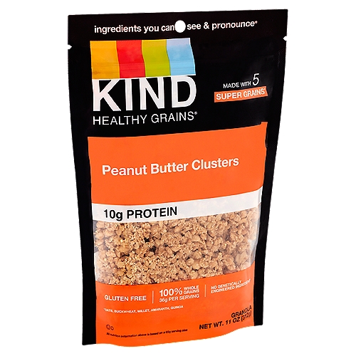 Five grains (Amaranth, Quinoa, Oats, Millet, and Buckwheat) with peanut butter. No gluten ingredients. Non-GMO