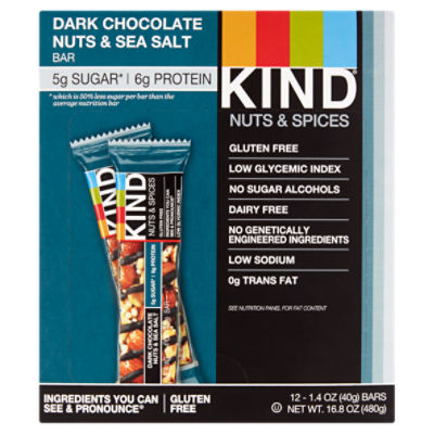 Kind Nuts & Spices Dark Chocolate Nuts & Sea Salt Bar, 1.4 oz, 12 count
