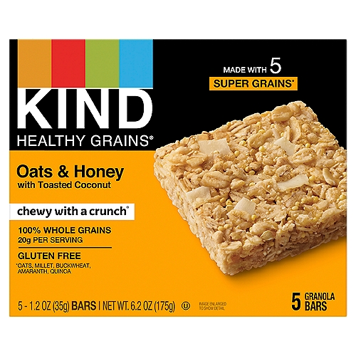 Kind Healthy Grains Oats & Honey with Toasted Coconut Granola Bars, 1.2 oz, 5 count
Do the kind thing for your body®
Oats. Millet. Buckwheat. Amaranth. Quinoa. Simple, right? Made with a unique blend of super grains, each Oats & Honey with Toasted Coconut bar has 20g of whole grains, making it the perfect snack for your active lifestyle.

Do the kind thing for your taste buds®
Treat your taste buds to the delicious whole grains topped with honey and toasted coconut. Our Oats & Honey with Toasted Coconut bar is the tasty snack that's great on-the-go.