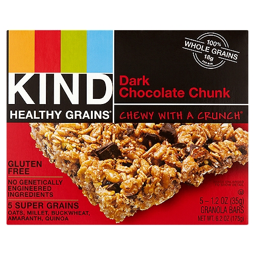 Kind Healthy Grains Dark Chocolate Chunk Granola Bars, 1.2 oz, 5 count
Do the kind thing for your body®
Oats. Millet. Buckwheat. Amaranth. Quinoa. Simple, right? Made with a unique blend of super grains, each Dark Chocolate Chunk bar has 18g of whole grains, making it the perfect snack for your active lifestyle.

Do the kind thing for your taste buds®
Treat your taste buds to the delicious combination of whole grains and dark chocolate. Our Dark Chocolate Chunk bar is the tasty snack that's great on-the-go.