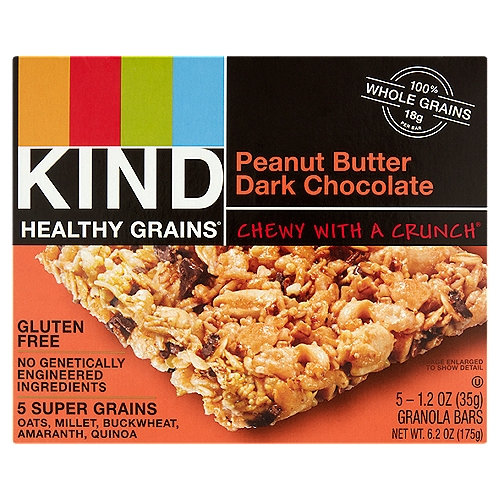 Kind Healthy Grains Peanut Butter Dark Chocolate Granola Bars, 1.2 oz, 5 count
Do the kind thing for your body®
Oats. Millet. Buckwheat. Amaranth. Quinoa. Simple, right? Made with a unique blend of super grains, each Peanut Butter Dark Chocolate bar has 18g of whole grains, making it the perfect snack for your active lifestyle.

Do the kind thing for your taste buds®
Peanut butter or chocolate? Luckily you don't have to choose. Made with dark chocolate chunks and roasted peanuts, our Peanut Butter Dark Chocolate bar is the tasty snack that will satisfy your sweet and salty cravings.