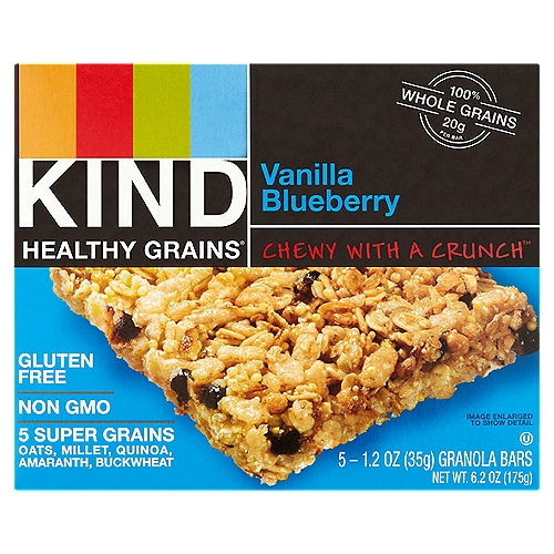 Kind Healthy Grains Vanilla Blueberry Granola Bars, 1.2 oz, 5 count
Do the kind thing for your body™
Oats. Millet. Quinoa. Amaranth. Buckwheat. Simple, right? Our unique blend of super grains packs each. Vanilla Blueberry bar with 20g of whole grains, making it the perfect snack for your active lifestyle.

Do the kind thing for your taste buds™
Treat your taste buds to a delicious blend of fruit sweetened by vanilla. Our Vanilla Blueberry bar is the perfect combination of nutritious and tasty.
