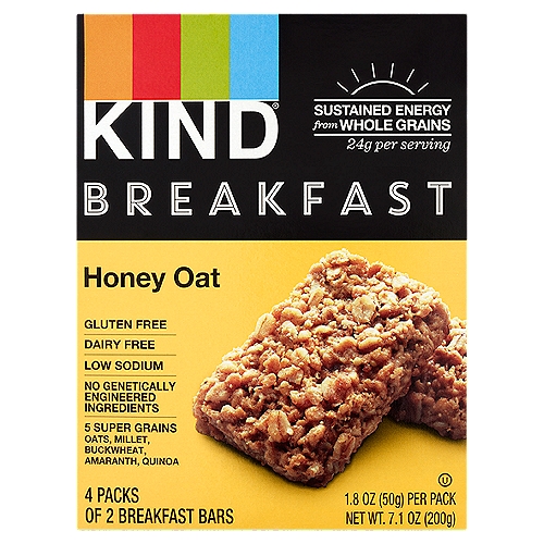 Kind Honey Oat Breakfast Bars, 1.8 oz, 4 count
Mornings are hectic, but breakfast doesn't need to be
Start your day with energizing whole grains. Kind® breakfast bars are made with a unique blend of ingredients, including five super grains, and are served in a convenient, on-the-go pack.

Oats. Millet. Buckwheat. Amaranth. Quinoa. Simple, right?

Do the kind thing for your body™
Honey Oat breakfast bars have a unique blend of super grains and provide 24g of whole grains per serving, making them the perfect way to start your day.

Do the kind thing for your taste buds™
Treat your taste buds to our Honey Oat breakfast bars. Whole grains coated in honey with a soft-baked, crispy outside make these bars the delicious morning snack you can't resist.