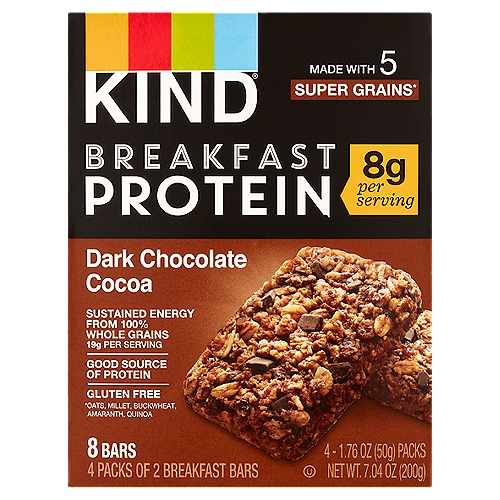 Kind Dark Chocolate Cocoa Breakfast Protein Bars, 1.76 oz, 4 count
Made with 5 Super Grains*
*Oats, Millet, Buckwheat, Amaranth, Quinoa

Do the kind thing for your body, your taste buds & your world®

Ingredients you can see & pronounce®