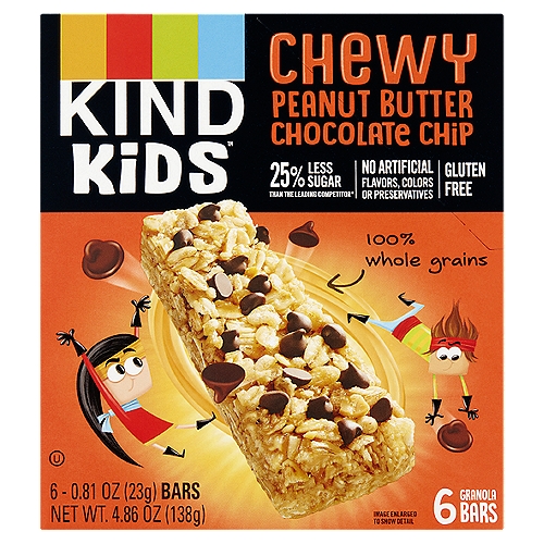 Kind Kids Chewy Peanut Butter Chocolate Chip Granola Bars, 0.81 oz, 6 count
25% Less Sugar than the Leading Competitor*
*The leading kids granola bar contains 7g sugar per 24g bar, Kind Kids™ granola bar contains 5g sugar per 23g bar.

Ingredients You Can See & Pronounce®