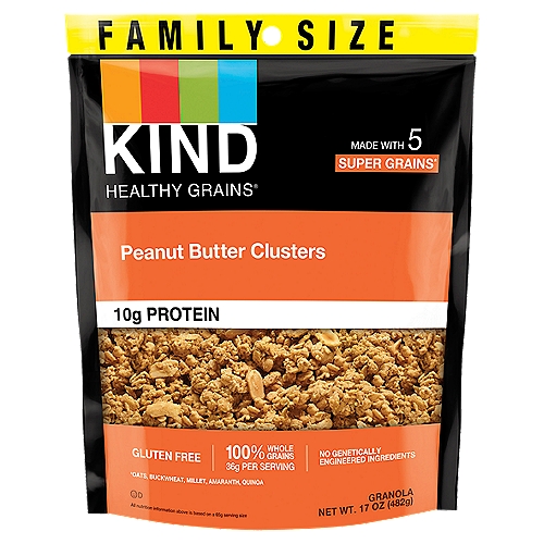 Kind Healthy Grains Peanut Butter Clusters Granola, 17 oz
Made with 5 Super Grains*
*Oats, Buckwheat, Millet, Amaranth, Quinoa

Kind Healthy Grains® Clusters pack a nutritious punch of protein and a delightful crunch! Made from a blend of whole super grains - oats, buckwheat, millet, amaranth, and quinoa - these deliciously crunchy clusters are the perfect snack to enjoy by the spoonful or grab by the handful!