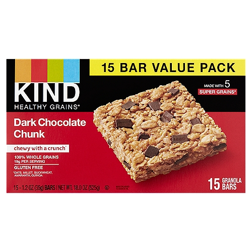 Kind Healthy Grains Dark Chocolate Chunk Granola Bars Value Pack, 1.2 oz, 15 count
Made with 5 Super Grains*
*Oats, Millet, Buckwheat, Amaranth, Quinoa

Chewy with a crunch®

Ingredients you can see & pronounce®