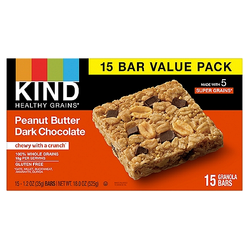 Kind Healthy Grains Peanut Butter Dark Chocolate Granola Bars Value Pack, 1.2 oz, 15 count
Made with 5 Super Grains*
*Oats, Millet, Buckwheat, Amaranth, Quinoa

Chewy with a crunch®

Ingredients you can see & pronounce®