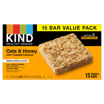 Kind Healthy Grains Oats & Honey with Toasted Coconut Granola Bars Value Pack, 1.2 oz, 15 count