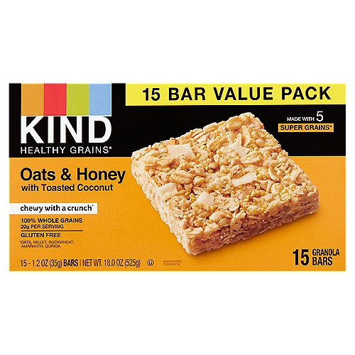 Kind Healthy Grains Oats & Honey with Toasted Coconut Granola Bars Value Pack, 1.2 oz, 15 count
Made with 5 Super Grains*
*Oats, Millet, Buckwheat, Amaranth, Quinoa

Chewy with a crunch®

Ingredients you can see & pronounce®