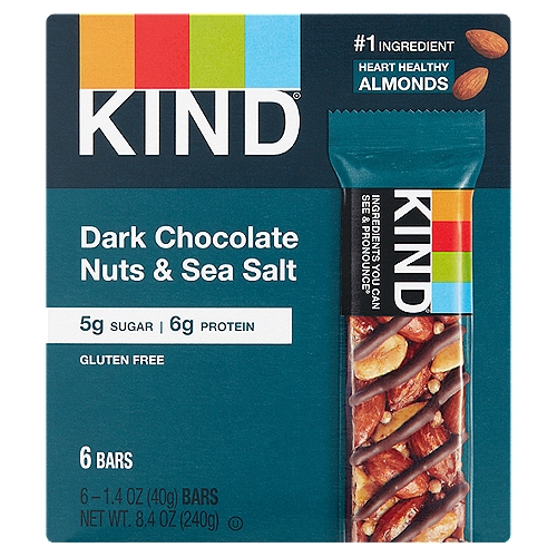 Kind Dark Chocolate Nuts & Sea Salt Bars, 1.4 oz, 6 count
Kind® Dark Chocolate Nuts & Sea Salt took us two years to develop because we're obsessed with using as little sugar as possible without artificial sweeteners or sugar alcohols. Made with delicious, premium ingredients, it's now our top seller, and we continue to obsess over every batch!

Ingredients you can see & pronounce®