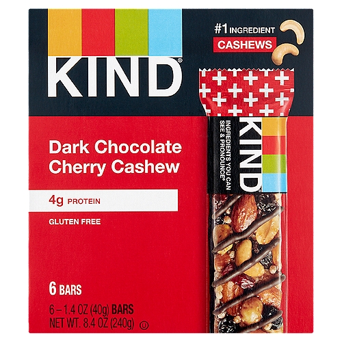 Kind Dark Chocolate Cherry Cashew Bars, 1.4 oz, 6 count
Ingredients you can see & pronounce®
