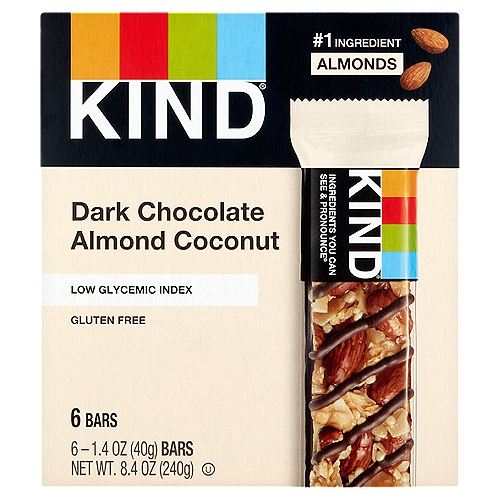 Kind Dark Chocolate Almond Coconut Bars, 1.4 oz, 6 count
Looking for a snack that will help curb hunger and delight taste buds at the same time? You've come to the right place. Whether you dine at the trendiest restaurants or prefer eating at home, Kind® snacks are filled with premium whole ingredients in a variety of delicious flavors that are sure to satisfy any palate.

Ingredients you can see & pronounce®