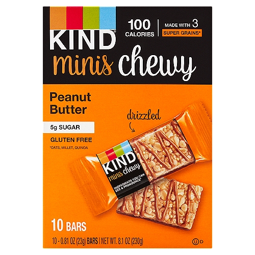 Kind Minis Chewy Peanut Butter Bars, 0.18 oz, 10 count
Made with 3 Super Grains*
*Oats, Millet, Quinoa

Do the kind thing for your body, your taste buds & your world®

Ingredients you can see & pronounce®