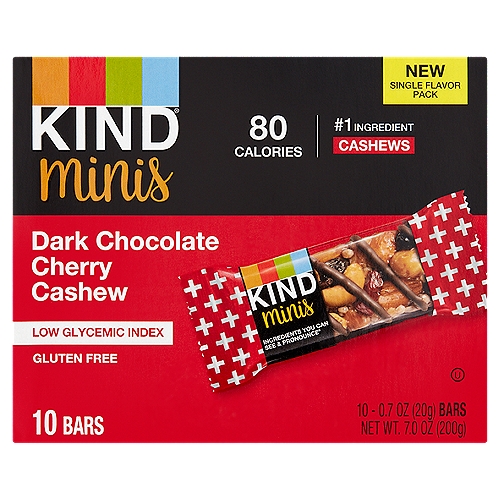 Kind Minis Dark Chocolate Cherry Cashew Bars, 0.7 oz, 10 count
Ingredients you can see & pronounce®