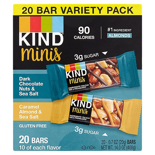 Kind Minis Bars Variety Pack, 0.7 oz, 20 count
Dark Chocolate Nuts & Sea Salt and Caramel Almond & Sea Salt Bars Variety Pack

Ingredients you can see & pronounce®