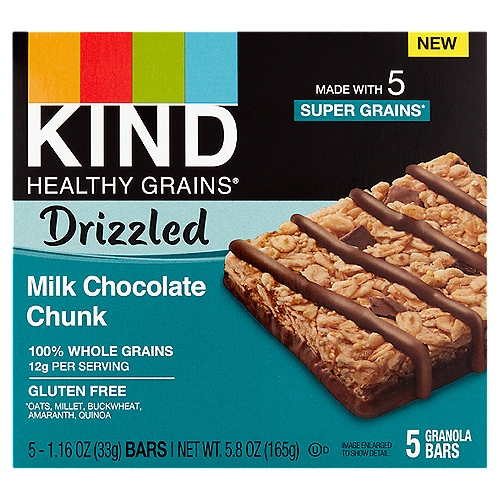 Kind Healthy Grains Drizzled Milk Chocolate Chunk Granola Bars, 1.16 oz, 5 count
Made with 5 Super Grains*
*Oats, Millet, Buckwheat, Amaranth, Quinoa

This bar started out just like all Kind Healthy Grains® bars - with a delicious and chewy blend of five super grains. What makes this bar different? We mixed in milk chocolate chunks and added a layer of milk chocolatey coating to the top and bottom. Because sometimes more is... more.

Ingredients you can see & pronounce®
