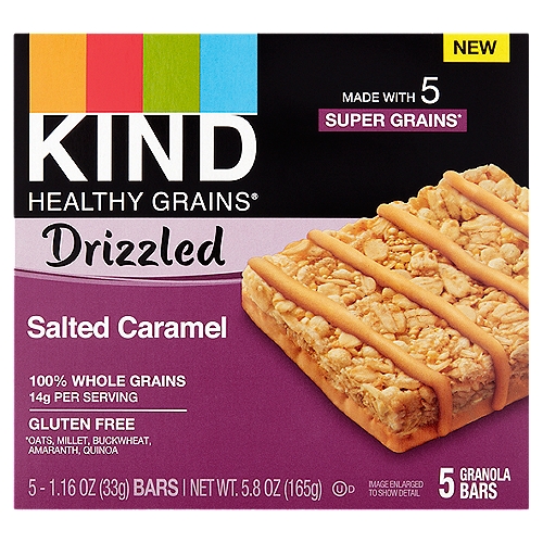 Kind Healthy Grains Drizzled Salted Caramel Granola Bars, 1.16 oz, 5 count
Made with 5 Super Grains*
*Oats, Millet, Buckwheat, Amaranth, Quinoa

Why add a drizzle to our already incredible Kind Healthy Grains® bars? Caramel is just too good to hide on the inside! We combined delicious caramel and a touch of sea salt for a sweet and salty combination that satisfies your sweet tooth with a wholesome snack.

Ingredients you can see & pronounce®