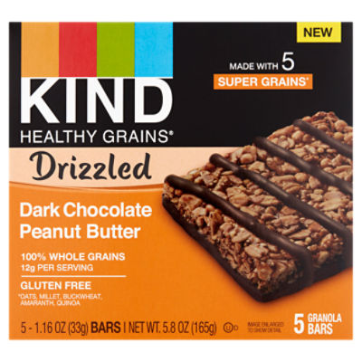 Kind Healthy Grains Drizzled Dark Chocolate Peanut Butter Granola Bars, 1.16 oz, 5 count