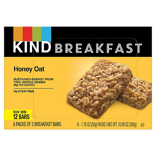 Kind Honey Oat Breakfast Bars, 1.76 oz, 6 count
Made with 5 Super Grains*
*Oats, Millet, Buckwheat, Amaranth, Quinoa