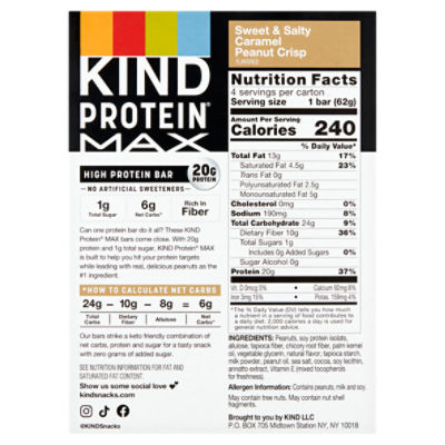 Kind Protein Max Sweet & Salty Caramel Peanut Crisp Flavored High Protein Bar, 2.2 oz, 4 count