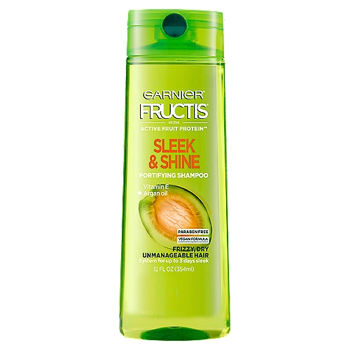 Garnier Fructis Sleek & Shine Fortifying Shampoo for Frizzy, Dry Hair, 12.5 fl. oz.
Hair is almost entirely made up of protein, which gives hair its strength. Paraben-free Fructis formulas with Active Fruit Protein™, an exclusive combination of citrus protein, Vitamins B3 & B6, fruit & plant-derived extracts and strengthening conditioners, are designed for healthier, stronger hair. Fructis Sleek & Shine Fortifying Shampoo with fairly & sustainably sourced Argan Oil from Morocco soaks into frizzy, dry hair to smooth each strand. Long lasting frizz control even in 97% humidity*.

garnier fructis sleek and shine shampoo, garnier fructis sleek and shine, daily shampoo, anti-frizz shampoo, shampoo for frizzy hair, smoothing shampoo, frizz free hair, shampoo with argan oil, frizz control, dry frizzy hair, tame frizzy hair, sleek hair, smooth hair

*With shampoo, conditioner & leave-in cream. **Packaging May Vary