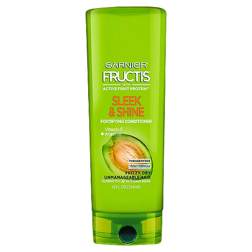 Garnier Fructis Sleek & Shine Fortifying Conditioner for Frizzy, Dry Hair, 12 fl. oz.
Hair is almost entirely made up of protein, which gives hair its strength. Paraben-free Fructis formulas with Active Fruit Protein™, an exclusive combination of citrus protein, Vitamins B3 & B6, fruit & plant-derived extracts and strengthening conditioners, are designed for healthier, stronger hair. Fructis Sleek & Shine Fortifying Conditioner with fairly & sustainably sourced Argan Oil from Morocco soaks into frizzy, dry hair to smooth each strand. Long lasting frizz control even in 97% humidity.*
*With shampoo, conditioner & leave-in cream.

garnier fructis sleek and shine conditioner, garnier fructis sleek and shine, daily conditioner, anti-frizz conditioner, conditioner for frizzy hair, smoothing conditioner, frizz free hair, conditioner with argan oil, frizz control, dry frizzy hair, tame frizzy hair, sleek hair, smooth hair