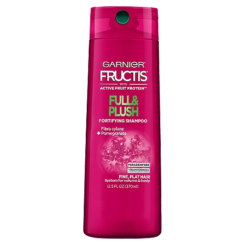 Garnier Fructis Full & Plush Fortifying Shampoo for Fine and Flat Hair, 12.5 fl. oz.
Hair is almost entirely made up of protein, which gives hair its strength. Paraben-free Fructis formulas with Active Fruit Protein™, an exclusive combination of citrus protein, Vitamins B3 & B6, fruit & plant-derived extracts and strengthening conditioners, are designed for healthier, stronger hair. Lightweight Fructis Full & Plush Shampoo with Pomegranate volumizes strand by strand for healthy-looking thickness and plush softness with natural fluid movement.

garnier fructis full and plush shampoo, garnier full and plush shampoo, garnier fructis full and plush, hair thickening shampoo, shampoo for fuller hair, shampoo for thicker hair, shampoo for thin hair, volumize hair, volumizing shampoo, shampoo for thin hair, shampoo for flat hair, shampoo for flat hair, fuller hair, softer hair

Full & Plush Gives Volume & Body with system of shampoo & conditioner
Our formula with pomegranate volumizes strand by strand for easy to style hair with natural movement.