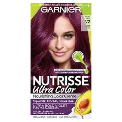 Garnier Nutrisse Ultra Color Spiced Plum V2 Dark Intense Violet Permanent Haircolor, one application