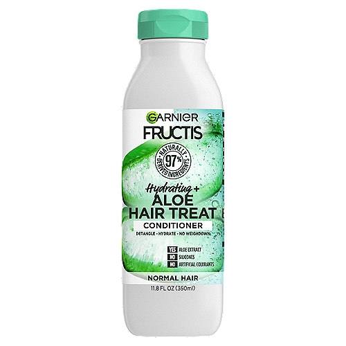Garnier Fructis Hydrating Treat + Aloe Extract Conditioner, 11.8 fl oz
Treat Yourself
Our daily haircare range offers shampoos that care & conditioners that nourish with no weighdown - all made with 98% naturally derived ingredients.

Why You'll Love It
Yes Aloe Juice
Yes 94% Biodegradable Formula
Yes Vegan Formula - No animal derived ingredients
Yes Suitable for Color Treated Hair
Yes Recyclable Bottle
No Parabens
No Artificial Colorants

What Does 98% Naturally Derived Ingredients Mean?
We consider an ingredient to be naturally derived if it is unchanged from its natural state or has undergone processing yet still retains greater than 50% of its molecular structure from its original natural source.

How Do I Get No Weighdown?
Our silicone-free formula uses a combination of naturally derived ingredients such as sunflower oil, coconut oil, and soybean oil giving you lightweight conditioning so you can treat yourself to a daily dose of nourishment.

Ingredient Decoder
Ingredients - Derived/Sourced From
1199994 A Aqua/Water - Purified Water
Cetearyl Alcohol - Coconut or other plant
Glycerin - Soybean or other plant
Isopropyl Myristate - Coconut or other plant
Stearamidopropyl Dimethylamine - Coconut or other plant
Glycine Soja Oil/Soybean Oil - Soybean
Fragrance - Part of the remaining 2%*
Helianthus Annuus Seed Oil/Sunflower Seed Oil - Sunflower
Coco-Caprylate/Caprate - Coconut or other plant
Cetyl Esters - Palm or other plant
Tartaric Acid - Grape
Benzyl Alcohol, Caprylyl Glycol, Salicylic Acid, Sodium Hydroxide, Linalool, Hydroxypropyl Guar Hydroxypropyltrimonium Chloride - Part of the remaining 2%*
Aloe Barbadensis Leaf Juice - Aloe
Citronellol - Part of the remaining 2%*
Geraniol - Part of the remaining 2%*
Cocos Nucifera Oil/Coconut Oil - Coconut
Citric Acid, Potassium Sorbate, Sodium Benzoate - Part of the remaining 2%*
FIL#: D239507/1
*not naturally derived