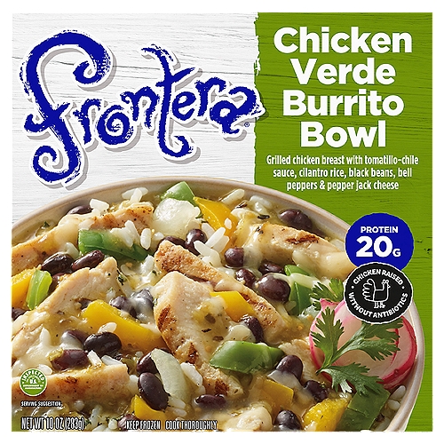 Frontera Chicken Verde Burrito Bowl Frozen Microwave Meal, 10 oz.
Add some sizzle to your day with a Frontera Chicken Verde Burrito Bowl Frozen Microwave Meal. Grilled chicken breast, tomatillo-chile sauce, cilantro rice, black beans, bell peppers and pepper jack cheese come together for a fiesta of flavors. This gourmet Mexican cuisine from Chef Rick Bayless makes the perfect lunch or dinner, and is ready in minutes. It contains chicken raised without antibiotics and 20 grams of protein per serving. Top with your favorite Frontera salsa for a little extra kick. Frontera: Gourmet Mexican Cuisine.