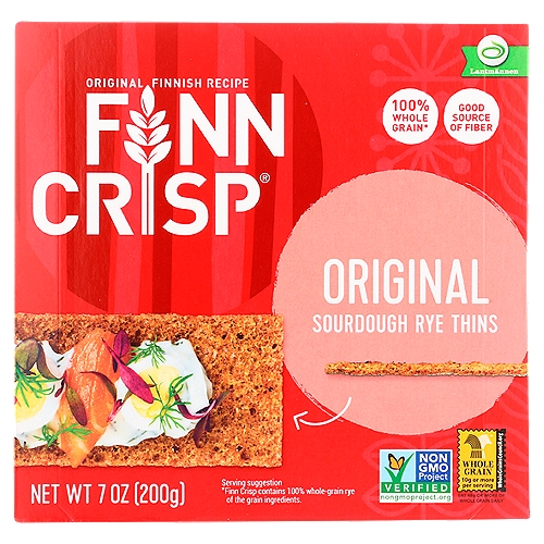 Lantmännen Finn Crisp Original Sourdough Rye Thins, 30 count, 7 oz
Thin Rye Crispbread with Sourdough Rye

100% Whole Grain*
*Thin Crisp contains 100% wholegrain rye of the grain ingredients.

Diets rich in whole grain foods and other plant foods and low in total fat, saturated fat, and cholesterol may reduce the risk of heart disease and some cancers.