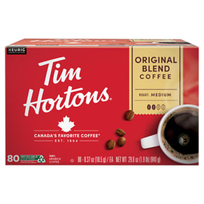 Tim Hortons Original Blend K-Cup Coffee Pods, Medium Roast, Recyclable, 80ct for Keurig Brewers