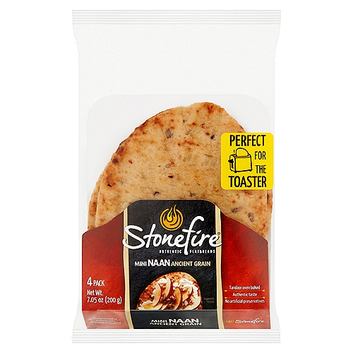 Stonefire Ancient Grain Mini Naan, 4 count, 7.05 oz
Tandoor oven baked*
*Baked in our patented tandoor tunnel oven.

Hand-stretched and tandoor oven-baked to honor 2,000 years of tradition
Do you dip, top or drizzle...
Spread or wrap
Snacks, apps, breakfast, lunch, dinner, & desserts