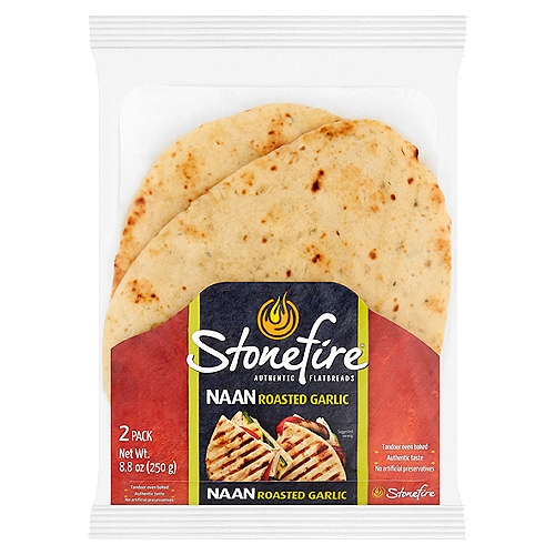 Stonefire Roasted Garlic Naan, 2 count, 8.8 oz
Tandoor oven baked*
*Baked in our patented tandoor tunnel oven.

Hand-stretched and tandoor oven-baked to honor 2,000 years of tradition
Do you dip, top or drizzle... spread or wrap
Snacks, apps, breakfast, lunch, dinner, & desserts