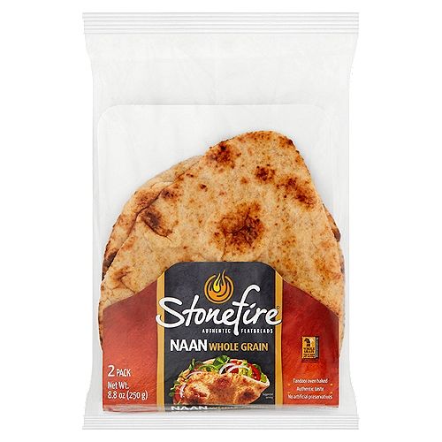 Stonefire Whole Grain Naan, 2 count, 8.8 oz
Tandoor oven baked*
*Baked in our patented tandoor tunnel oven.

Hand-stretched and tandoor oven-baked to honor 2,000 years of tradition
Do you dip, top or drizzle...
Spread or wrap
Snacks, apps, breakfast, lunch, dinner, & desserts