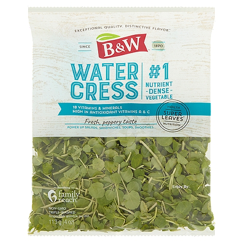 B&W Watercress, 4 oz
Move Over Kale
Watercress is Mother Nature's version of a natural, delicious multivitamin! With over 18 essential vitamins and minerals, watercress is one of the most nutrient-dense foods on the planet. Its deliciously distinctive taste and delightfully delicate crunch makes our watercress unique among other leafy greens.
